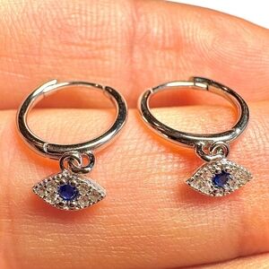 Evil Eye Huggie Hoop Earrings 925, 12mm Sterling Silver Small Hoops, Blue